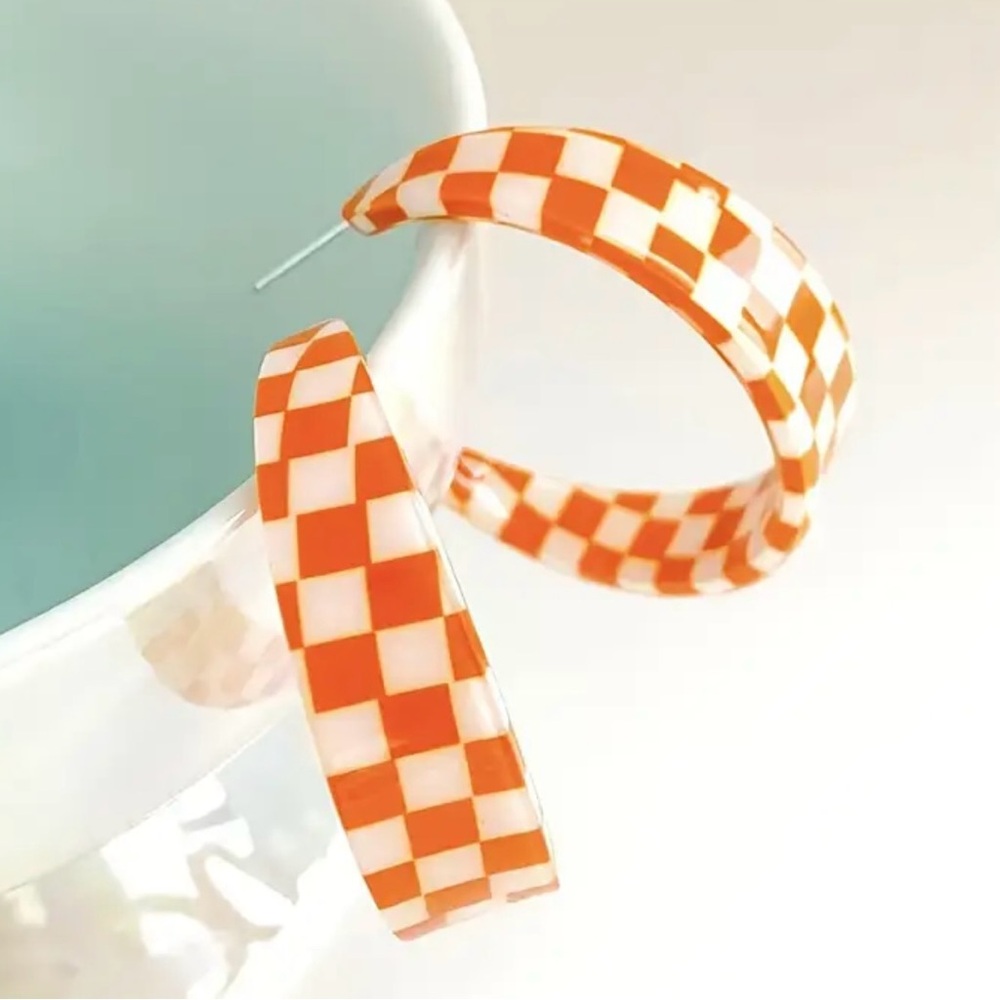 Gameday Check Acrylic Earrings - Orange and White-Game Day Post or Stud Earrings